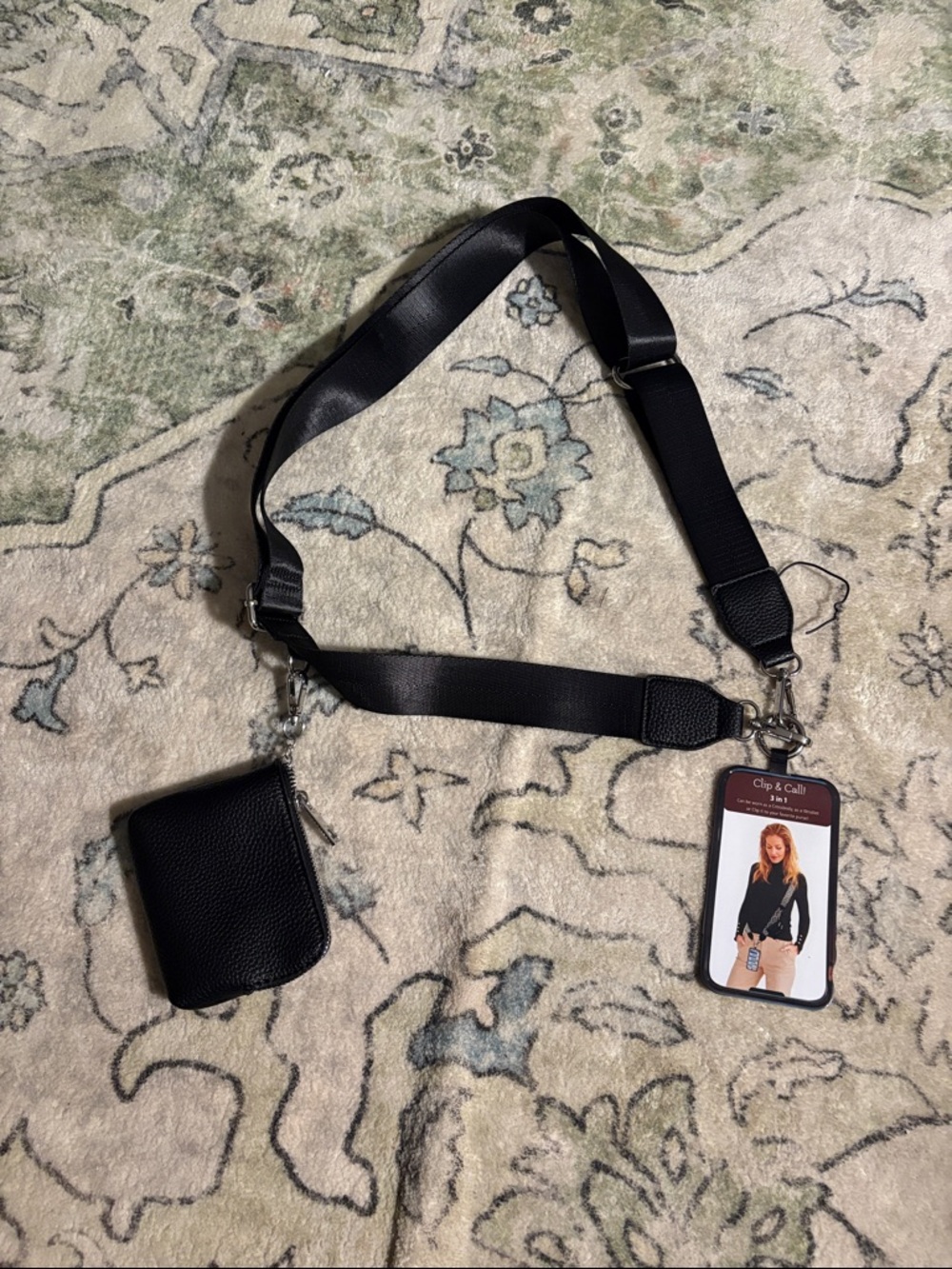 Black Crossbody Strap with Detachable Pouch and Phone Holder
